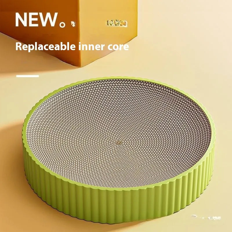 Round green cat scratching board and nest combination with replaceable corrugated cardboard insert