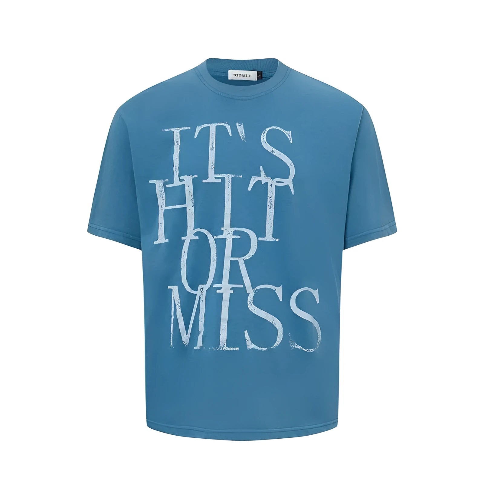 Men's white American retro t-shirt with blue printed letter design, loose fit round neck