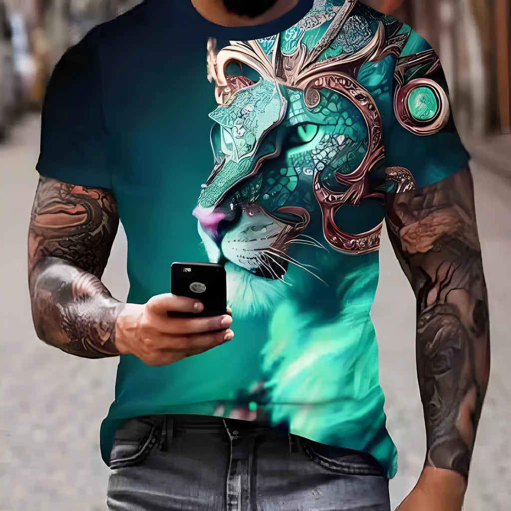 Men's black t-shirt with a large, detailed 3D printed graphic of a fierce lion's face on the front.