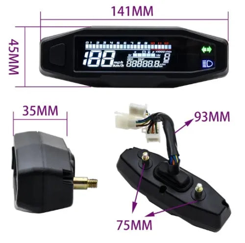 Black motorcycle mini speedometer with LCD screen showing oil gauge, speed, and rpm.