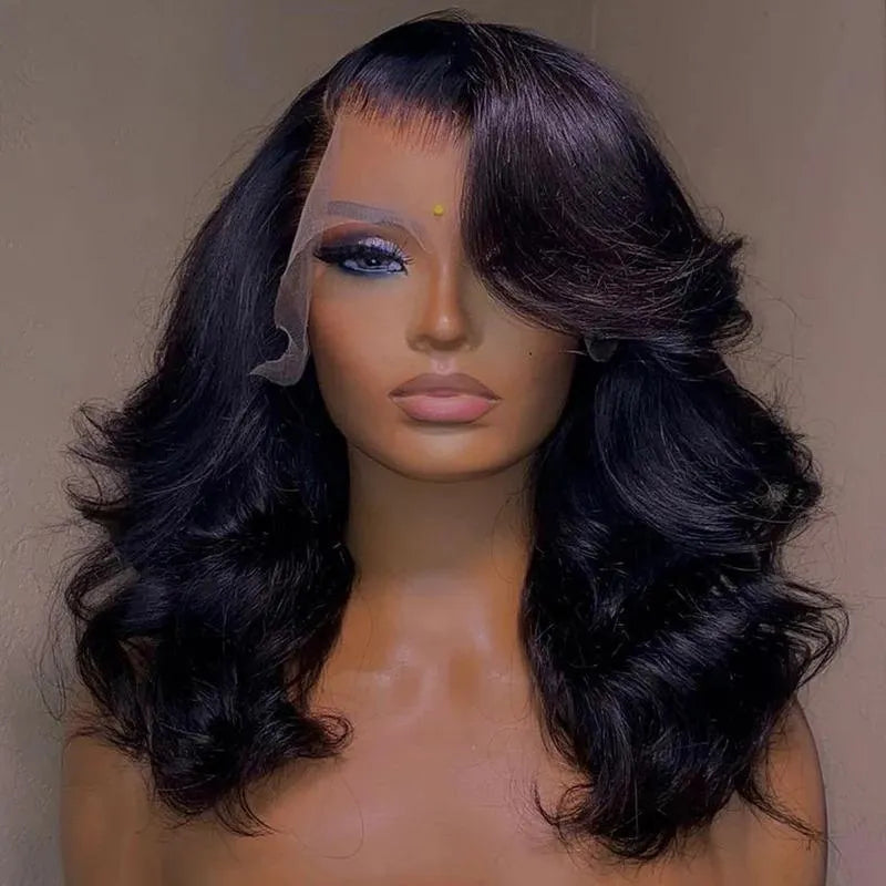 Women's 13x4 lace front human hair wig black wavy curly 16 inches with natural hairline