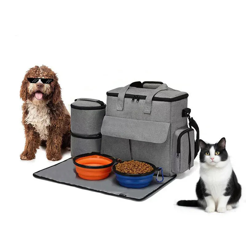 Grey dog travel backpack kit with removable divider and bonus training bag on a white background