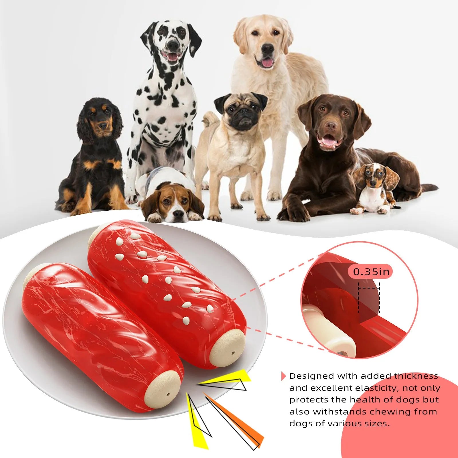Primary colour plastic molar rod dog toy with glue toothbrush-shaped centre for dental chewing