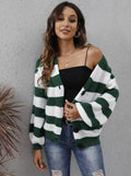 Women's striped deer plush cardigan with button front in dark green colour