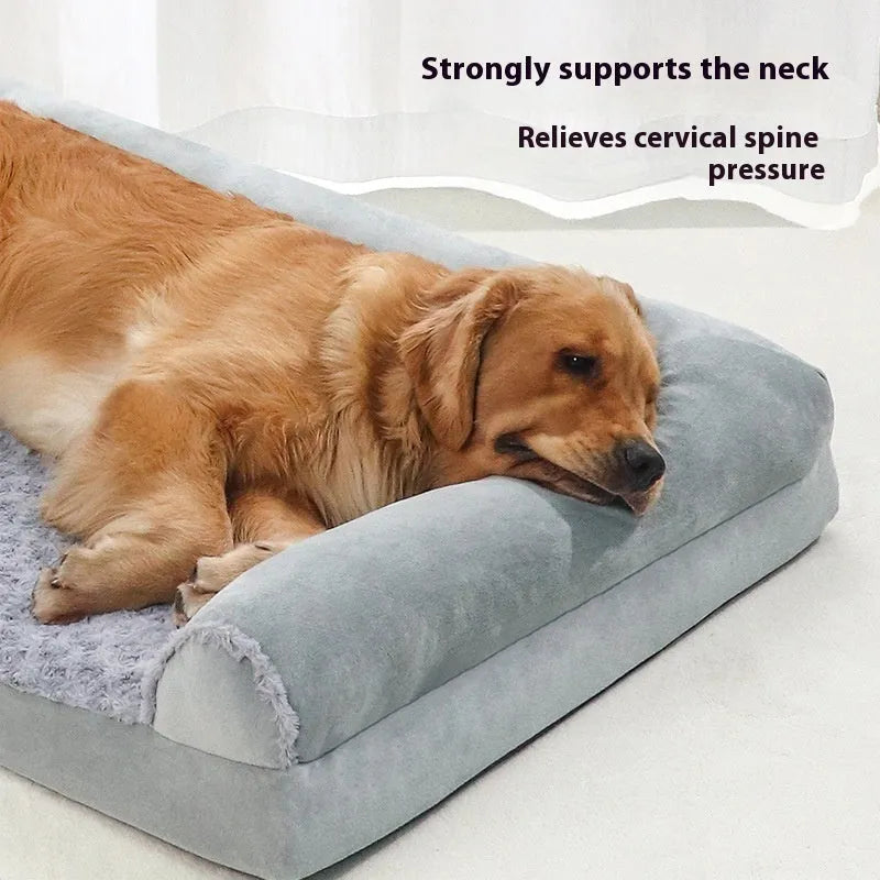Grey fabric-covered indoor kennel for medium to large dogs showing three size options