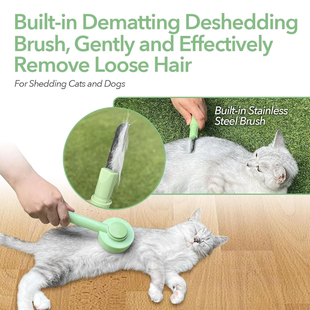 Green and yellow 2-in-1 pet grooming brush with stainless steel bristles for cats and dogs