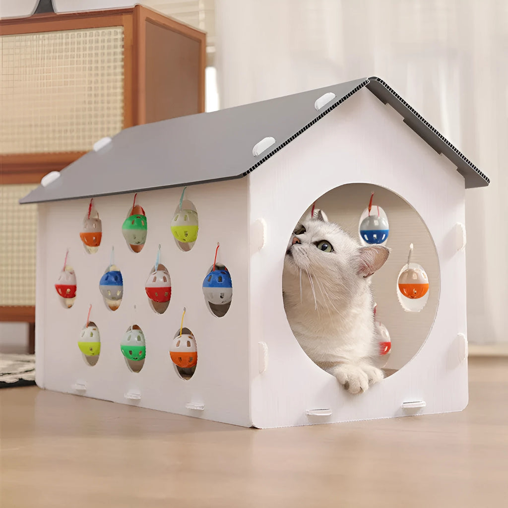 Plastic integrated cat scratch board with attached nest, tunnel, and bell ball toy