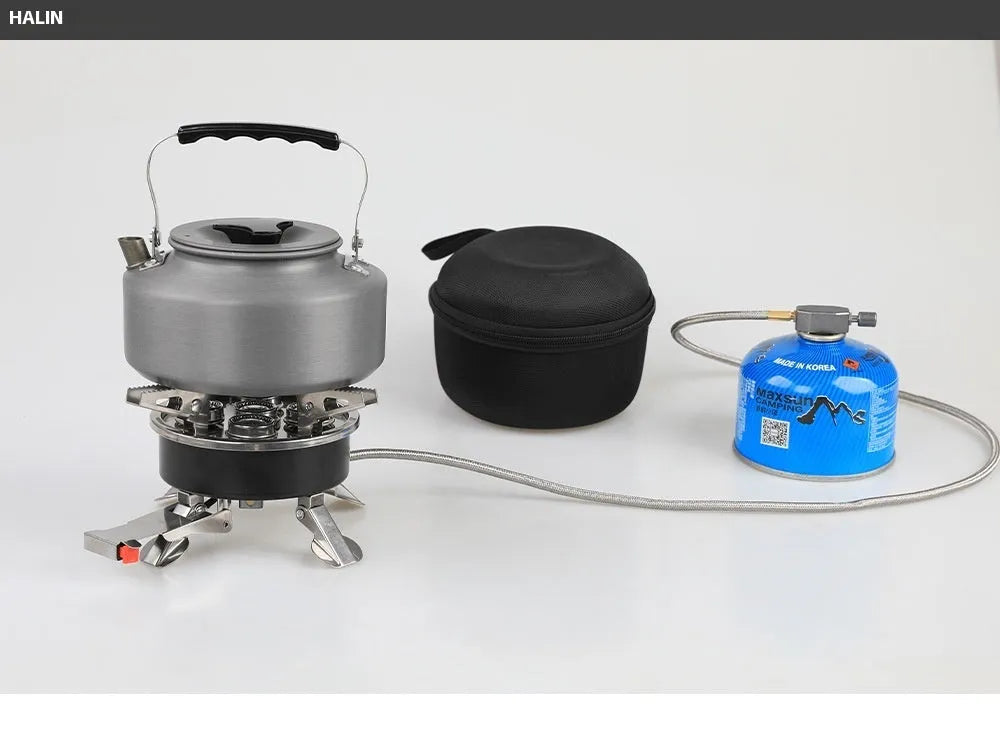 Silver portable split stove for outdoor camping, shown with a foldable design and hose.