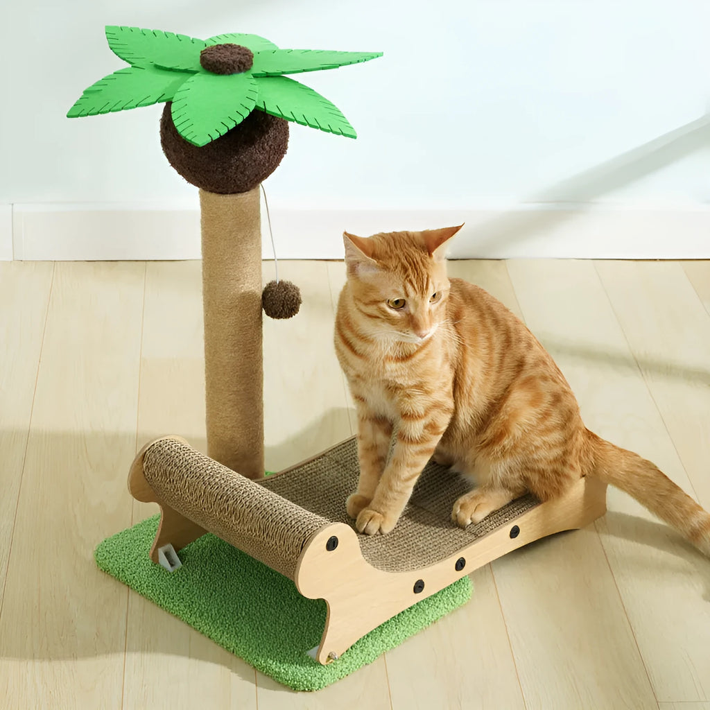 Wooden beach chair design cat climbing frame with hemp mat scratching surfaces and chamfered columns
