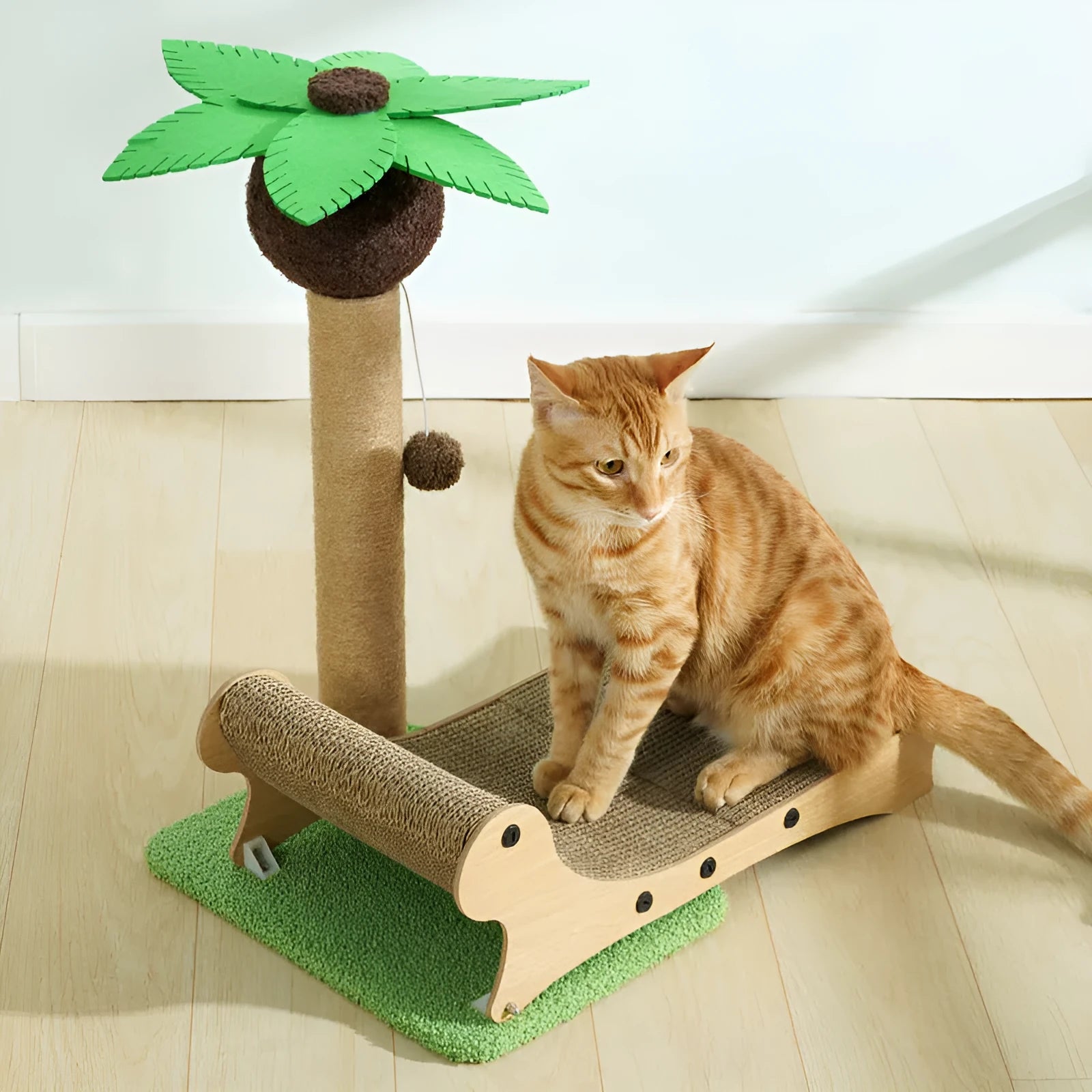 Wooden beach chair design cat climbing frame with hemp mat scratching surfaces and chamfered columns