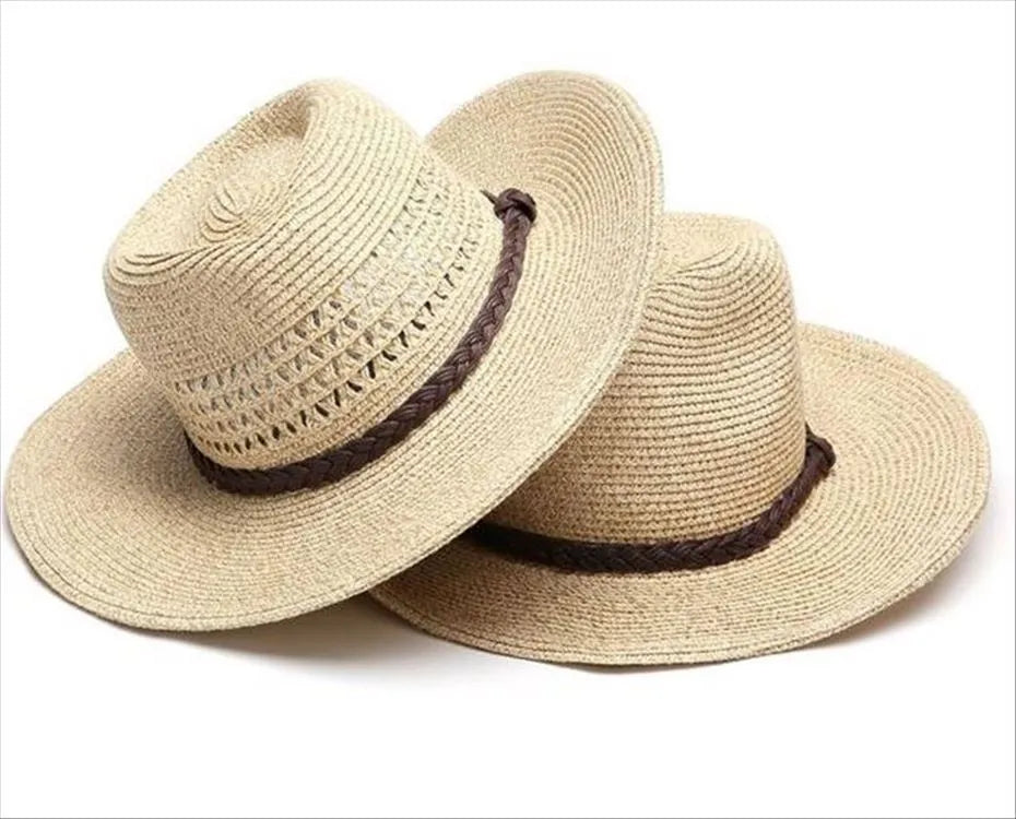 Men's foldable straw sun hat with big brim in mixed beige colour showing three size options
