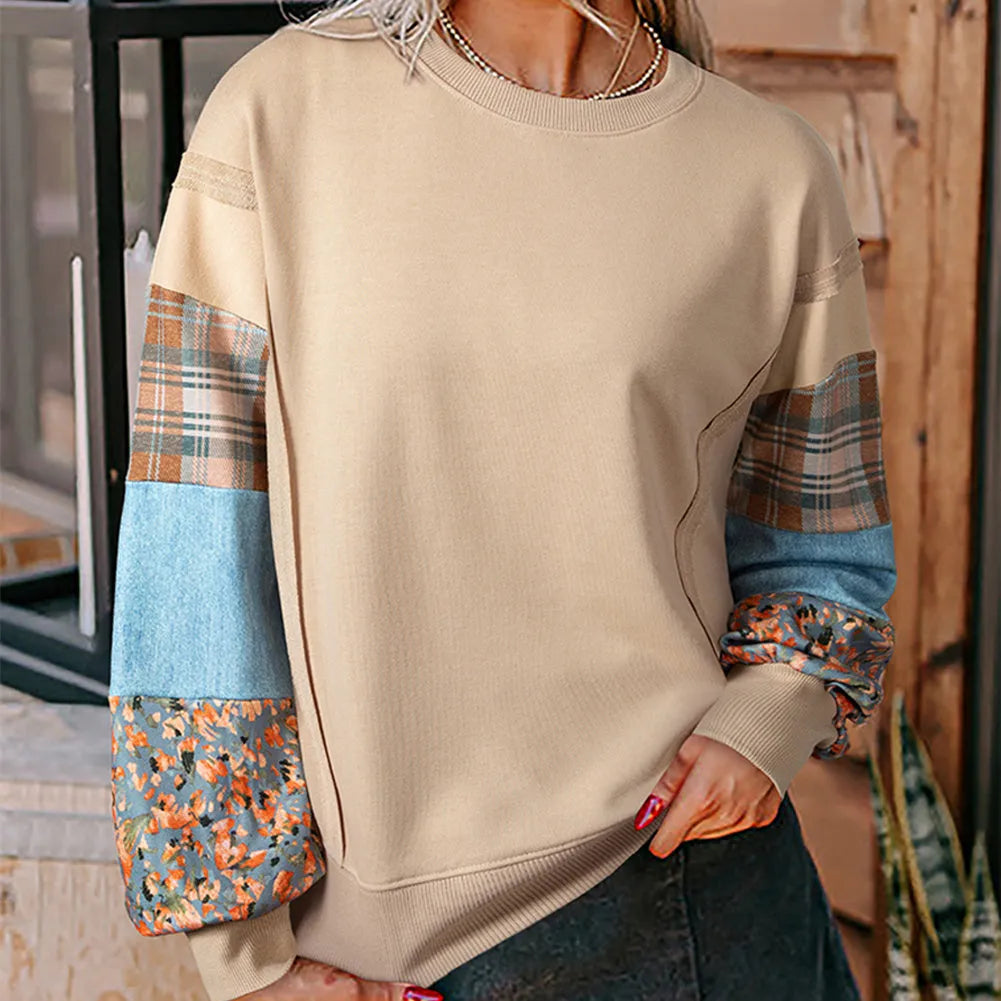 Women's beige and red plaid stitching long-sleeved loose fit polyester top