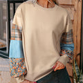 Women's beige and red plaid stitching long-sleeved loose fit polyester top