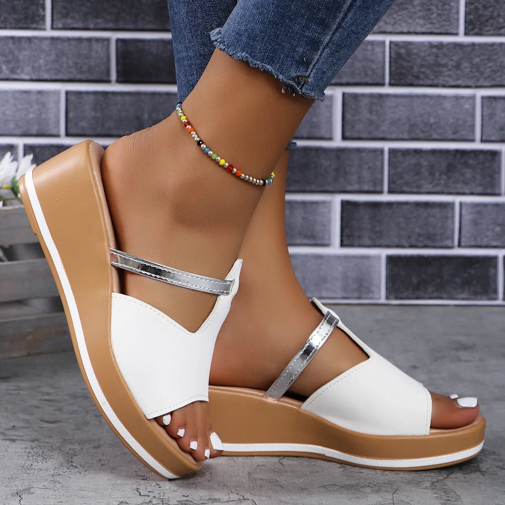 Summer peep-toe wedge sandals thick sole heightening slippers women PU upper black colour