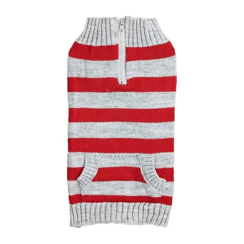 Grey acrylic dog sweater with horizontal zipper and button pocket on small dog