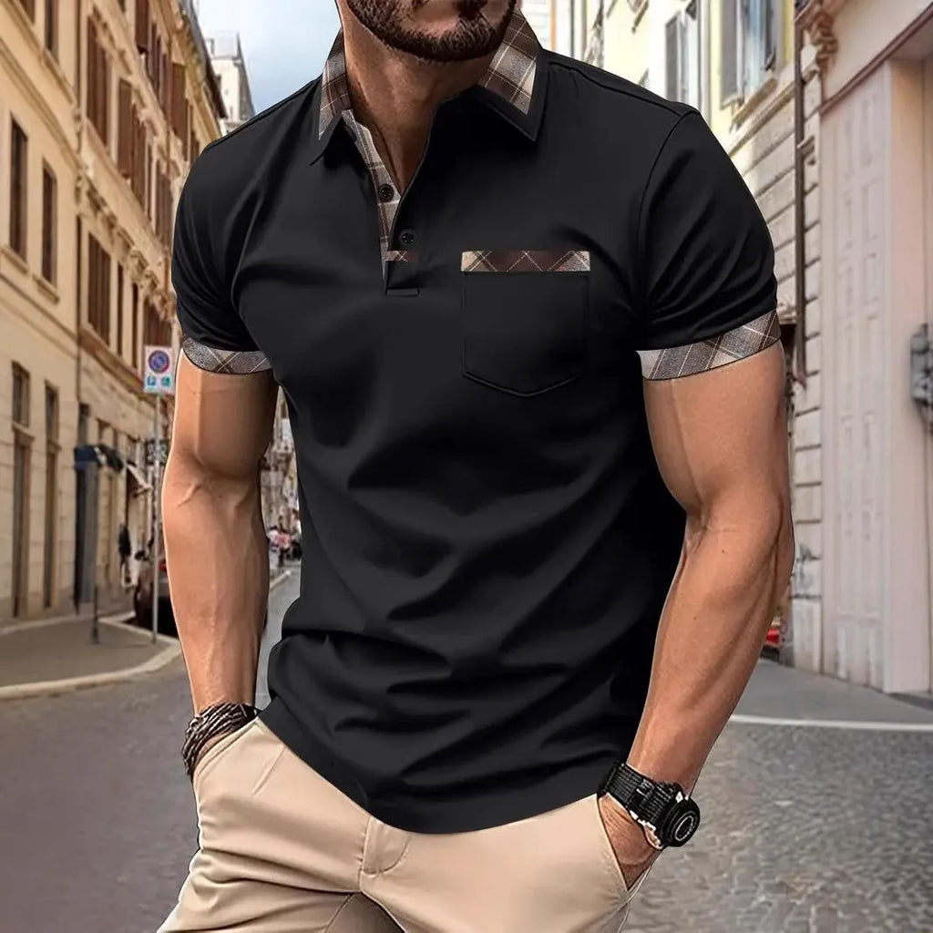 Men's short sleeve plaid colorblock t-shirt with zipper decoration in loose fit style