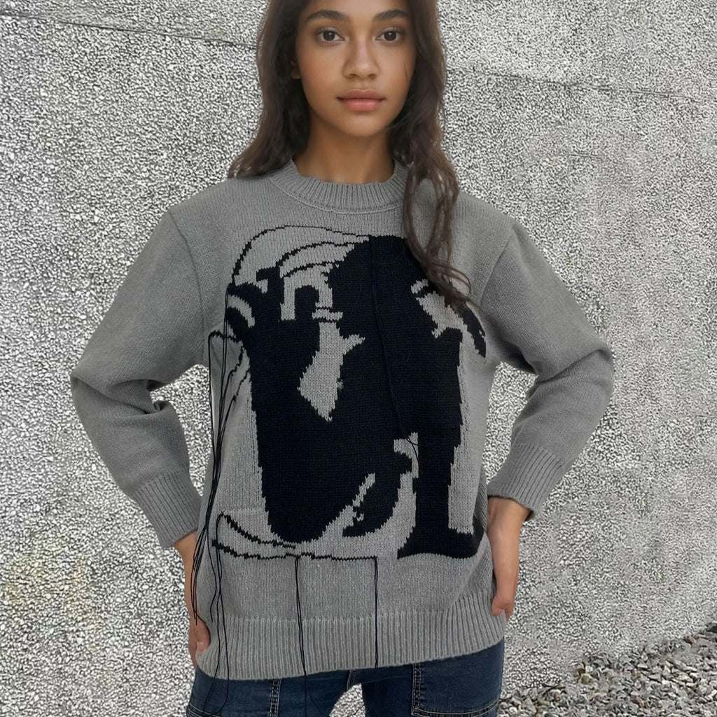 Women's alpaca wool loose fit sweater with tassel design in grey colour
