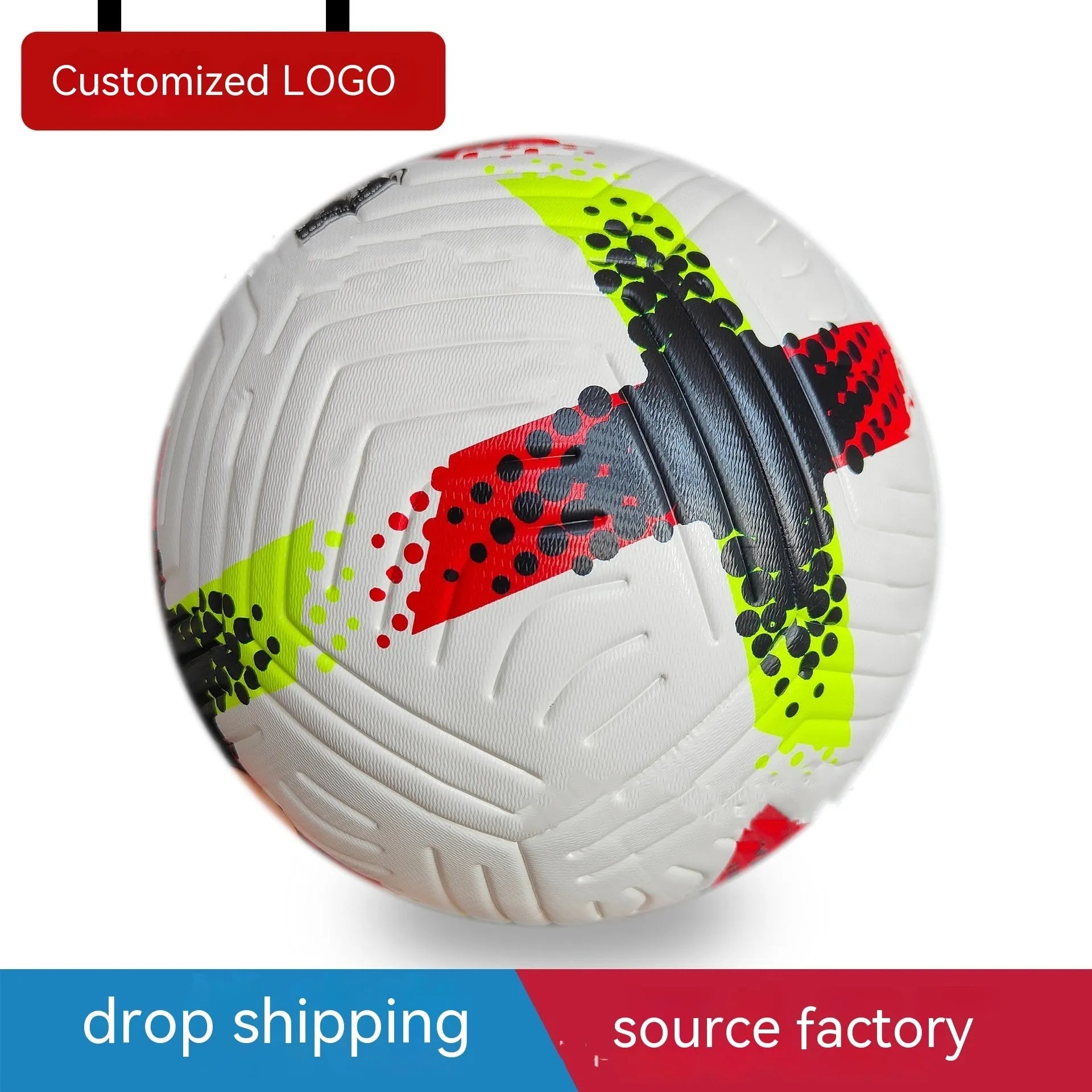Fluorescent green size 5 PU football with seamless thermal adhesive construction on a pitch.
