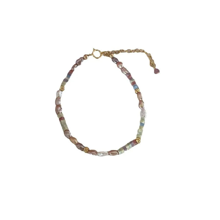 Purple and silver natural pearl bracelet and necklace set with 14K gilded finish