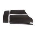 Three ABS carbon fibre pattern armrest box protective covers showing diagonal weave pattern and buckle installation system
