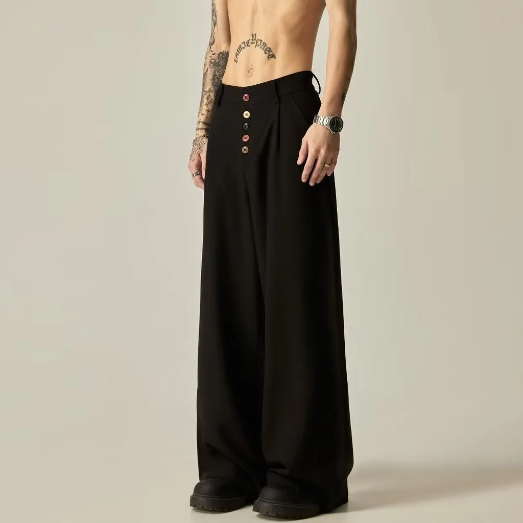 Men's solid colour vertical tube wide-leg trousers with button fly and straight-leg design