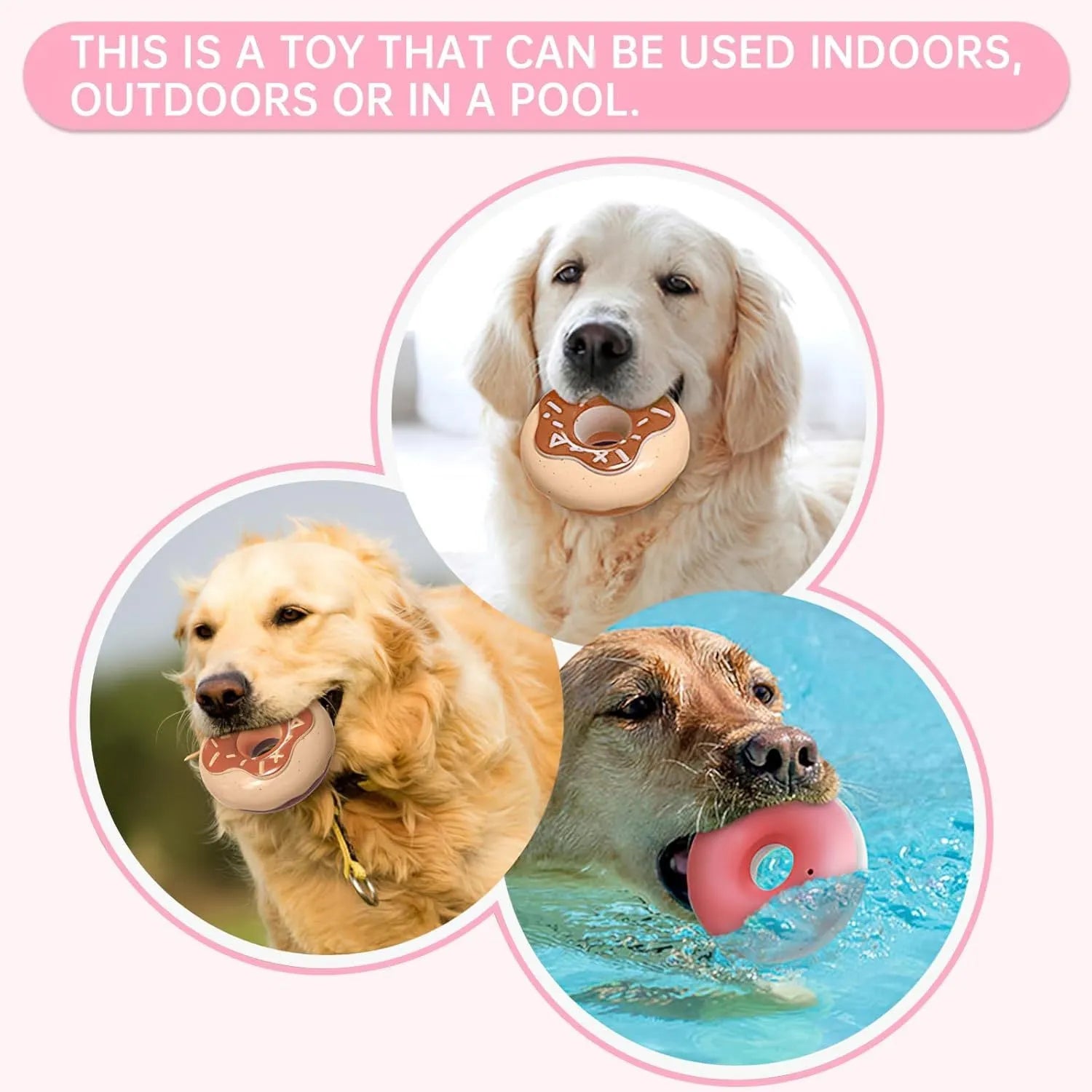 TPR donut dog toy in coffee colour with embossed surface for teeth grinding and hidden squeaker