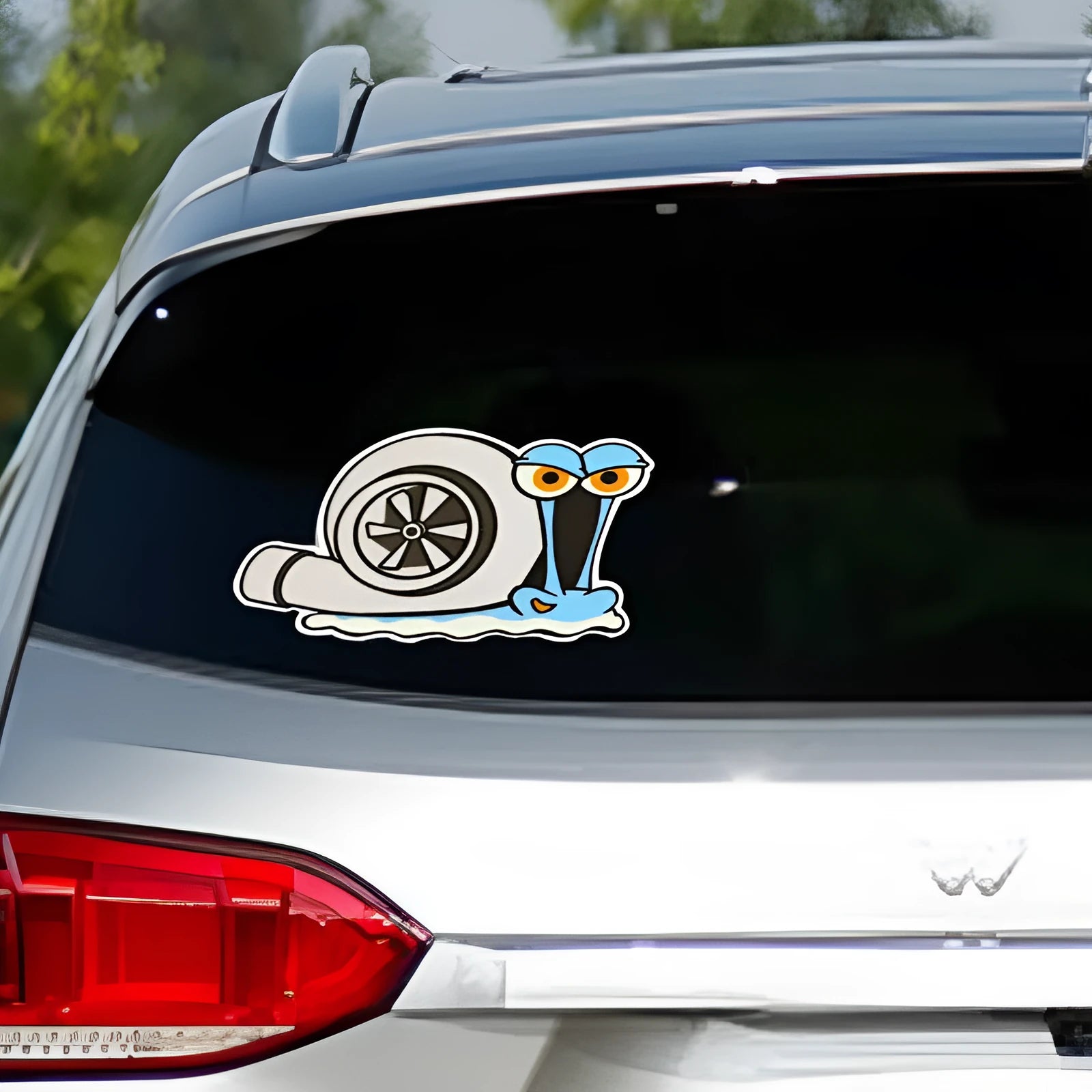 White reflective car sticker with cartoon snail pattern, dimensions 12cm by 8cm