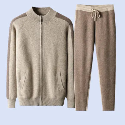 Men's cashmere wool blend sports cardigan suit set with half turtleneck zipper top and trousers