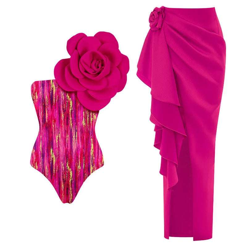 One-piece swimsuit with three-dimensional floral patterns in European-American styling for swimming activities