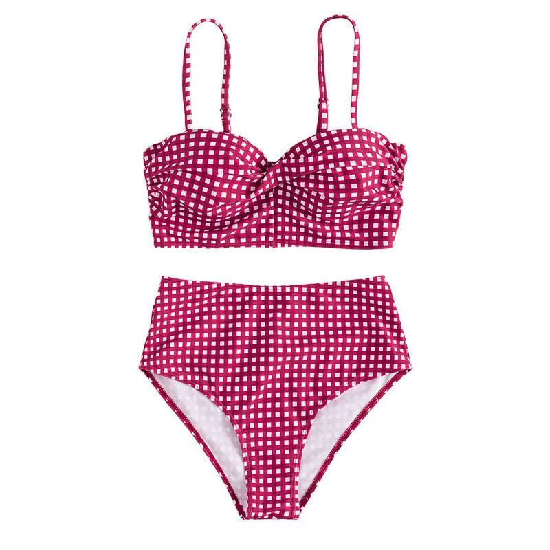 Women's plaid high waist bikini set with split detail in rose red, black, blue, and sky blue sizes S to 4XL