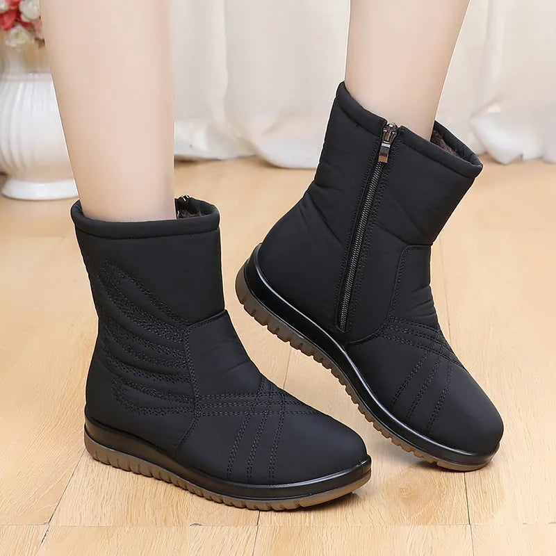 Warm waterproof anti-slip snow boots in black with side zipper, round toe, and rubber sole