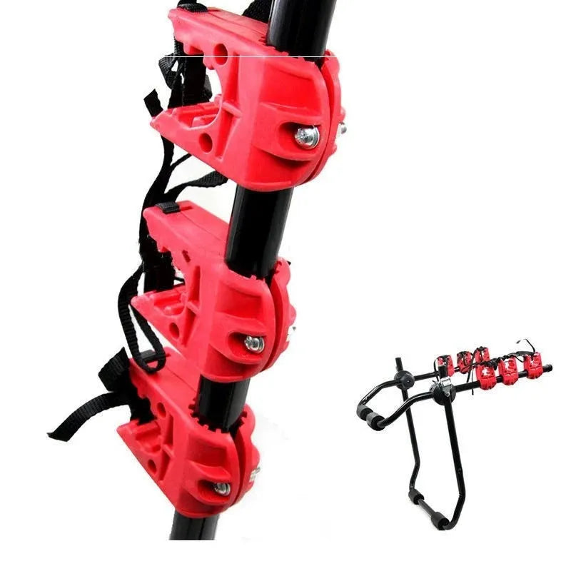 Black and red trunk mounted car bike holder rack showing rope tie and pull belt fastening options.