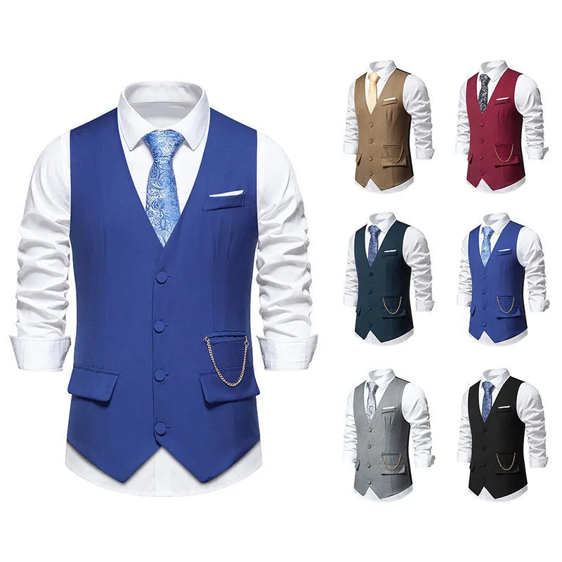 Men's solid colour V-neck single breasted chain vest in slim fit, shown in gray for spring light business wear