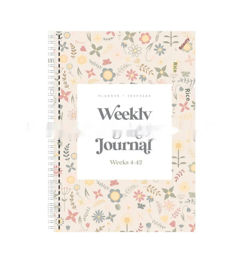 A5 Pregnancy Weekly Diary Notebook open showing weekly layout pages
