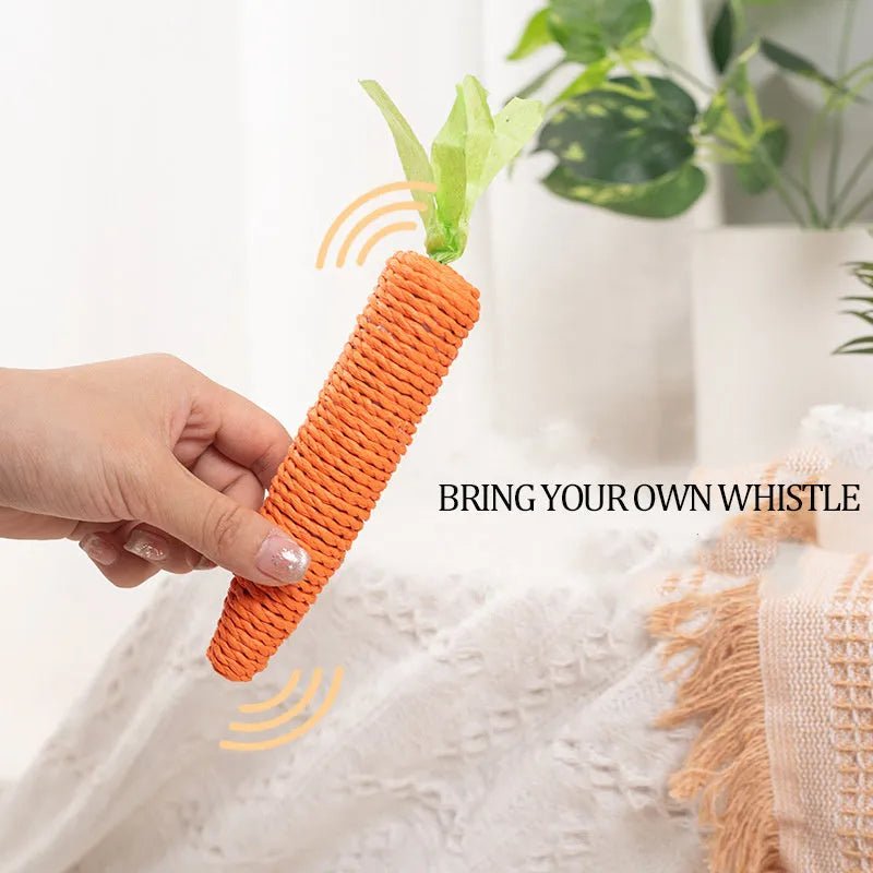 Assortment of cat toys including paper carrot bites, ringing stones, textured sticks and tooth grinding pieces in two sizes