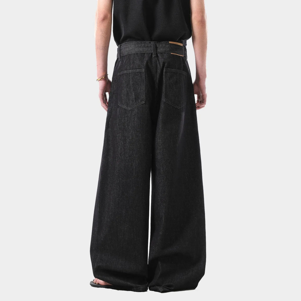 Black high waist straight leg jeans with gold zip fly and retro American styling details
