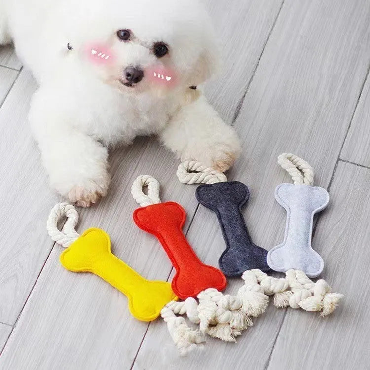 Bone-shaped dog training toy with rope knot texture in blue colour showing 16cm length