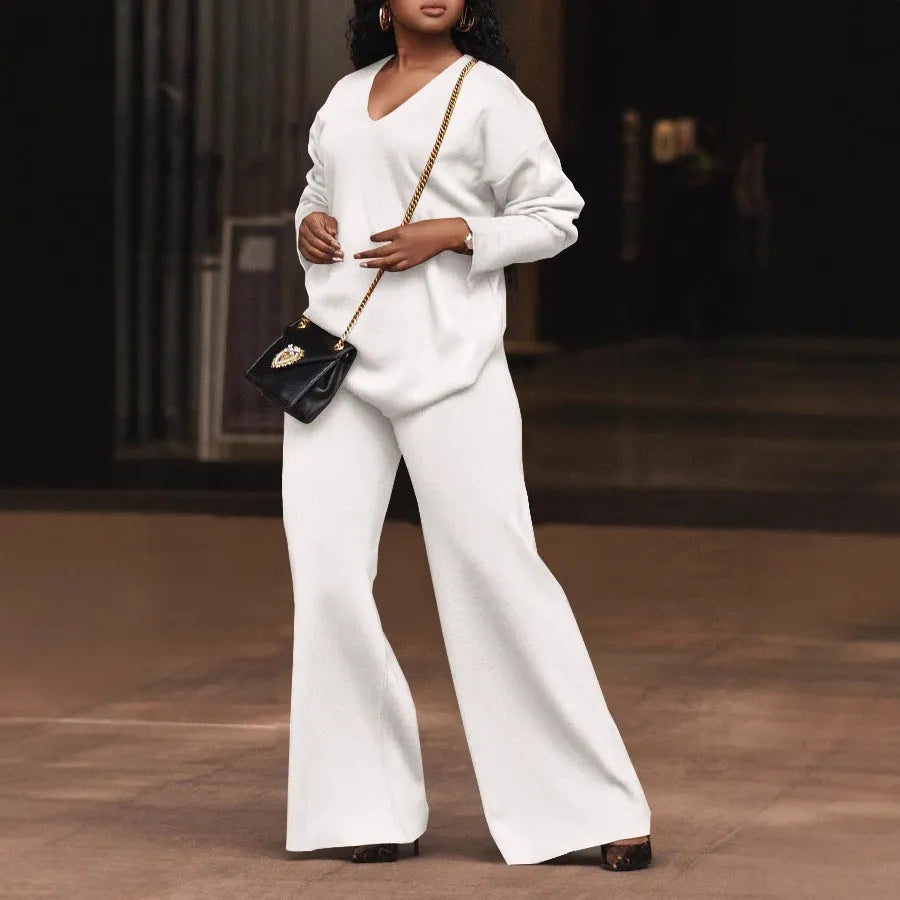 Women's brown casual suit with long sleeves and full-length trousers made from thickened deerskin velvet fabric.