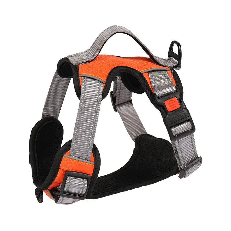 Orange adjustable dog chest strap vest harness with an integrated hand holding rope.
