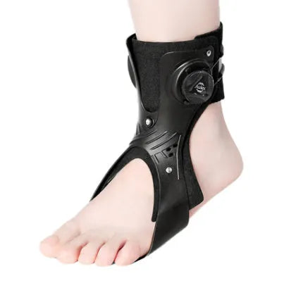 Grey ankle support brace with airbag button mechanism for left foot stabilisation