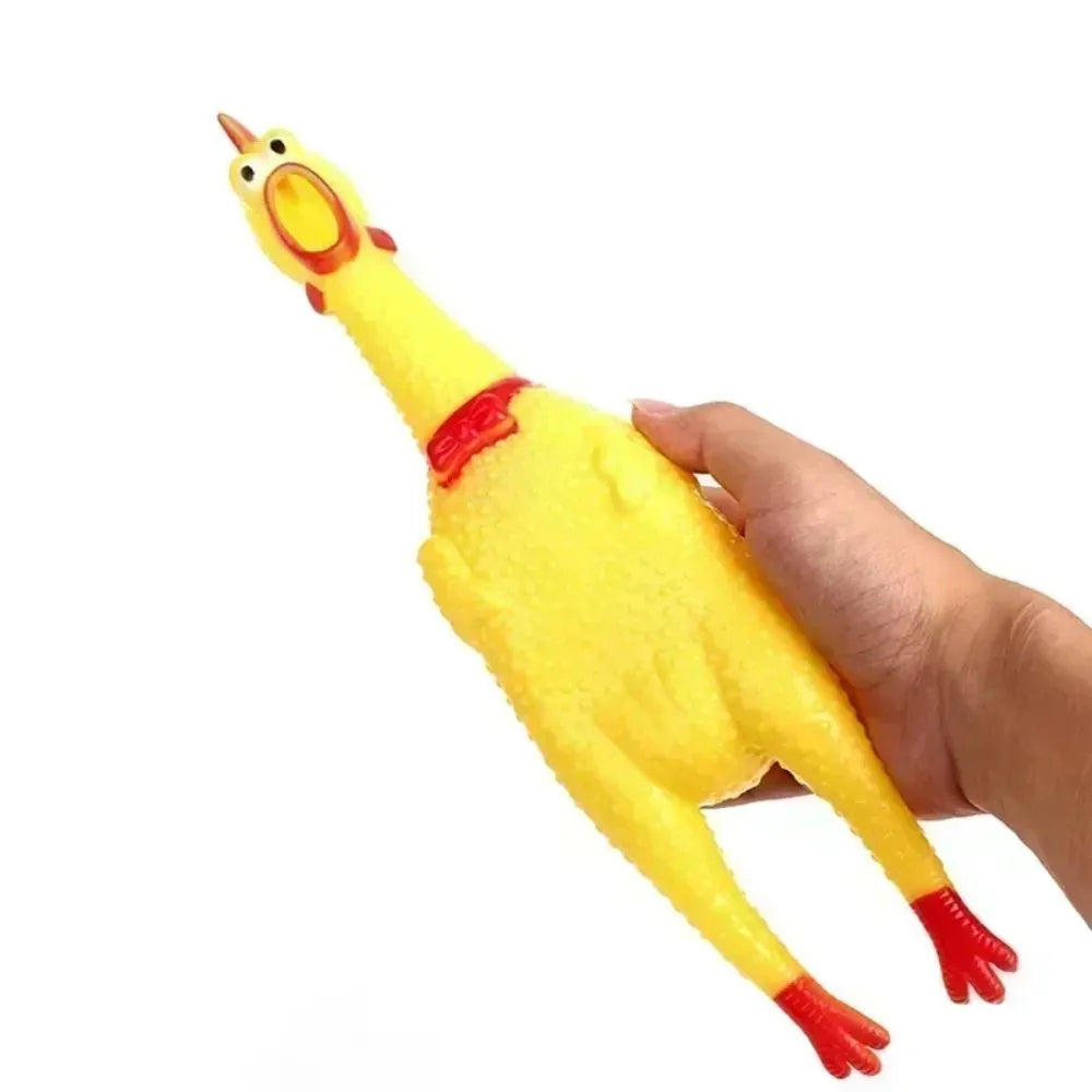 Yellow rubber screaming chicken dog toy in three sizes for chew and play