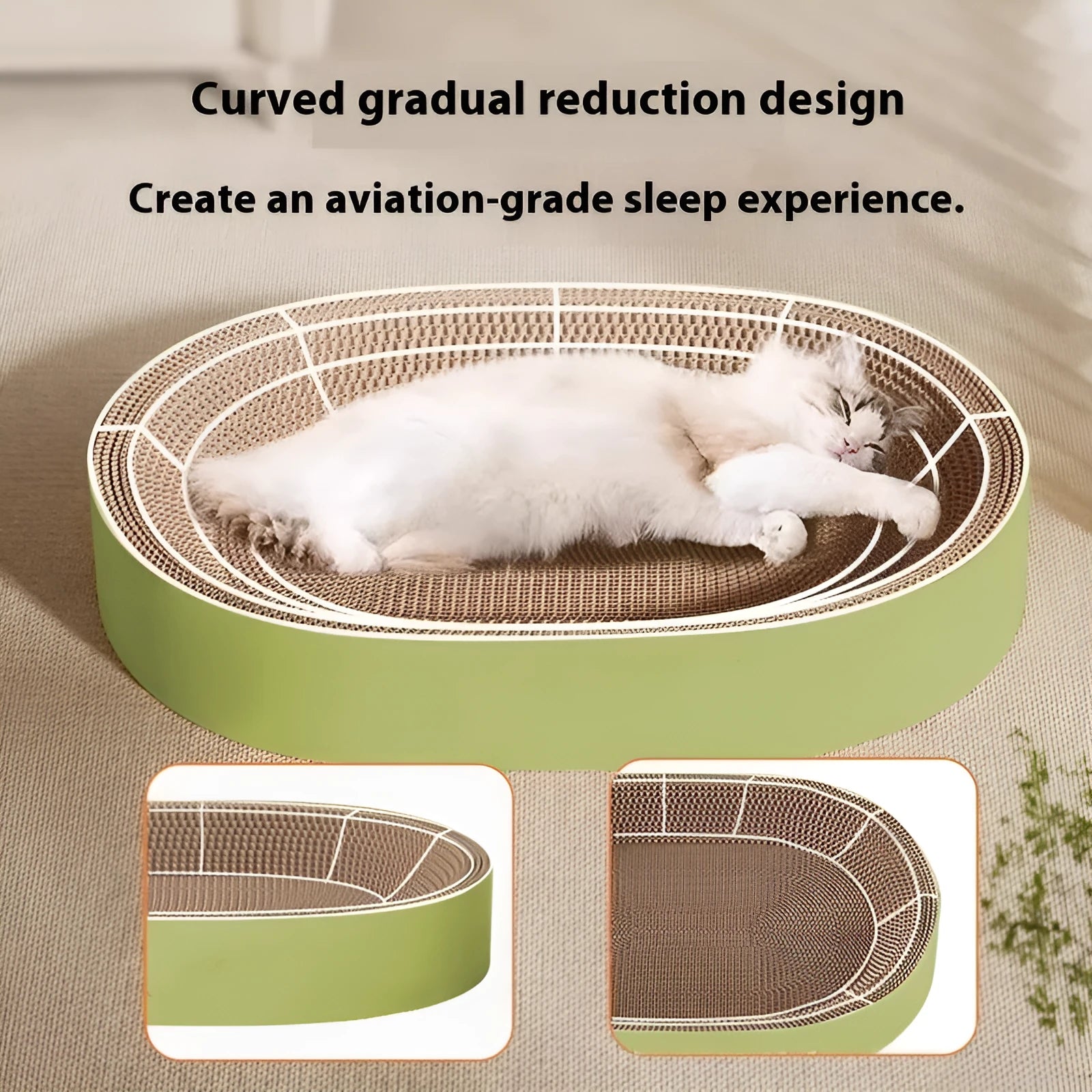Large green oval corrugated paper cat scratch board serving as a nest for a cat.