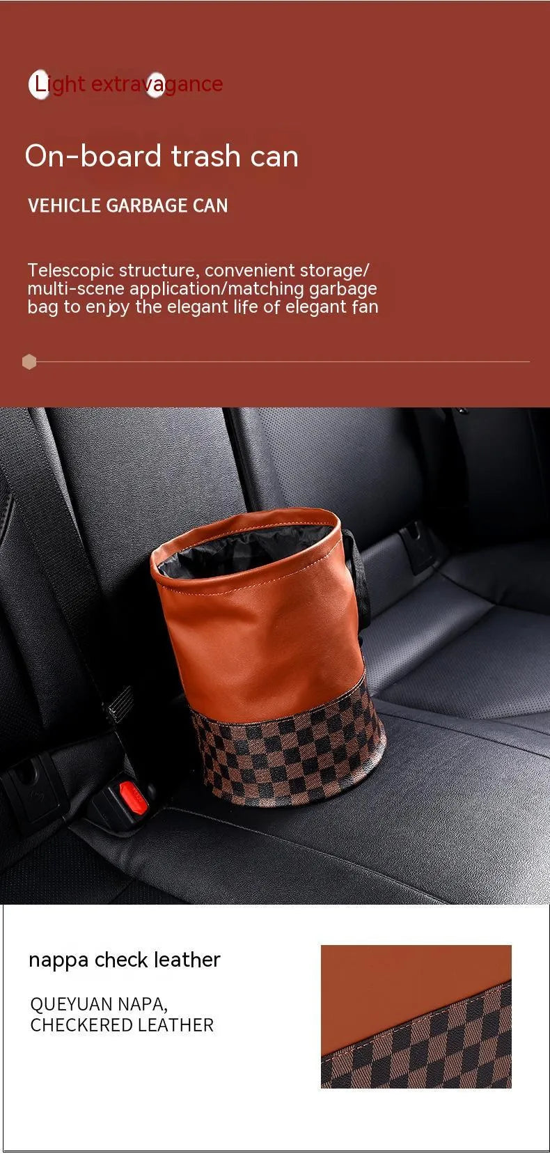 Leather retractable car trash can with handle shown in folded and open positions