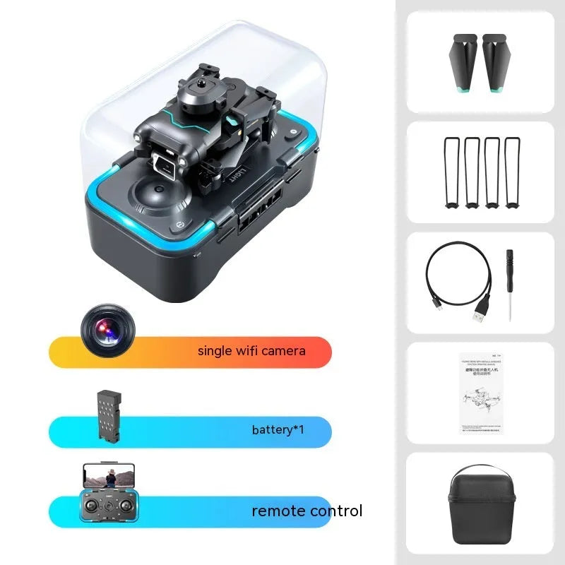 Black S96 obstacle avoidance drone with four-axis design and camera, measuring under 30cm for aerial photography