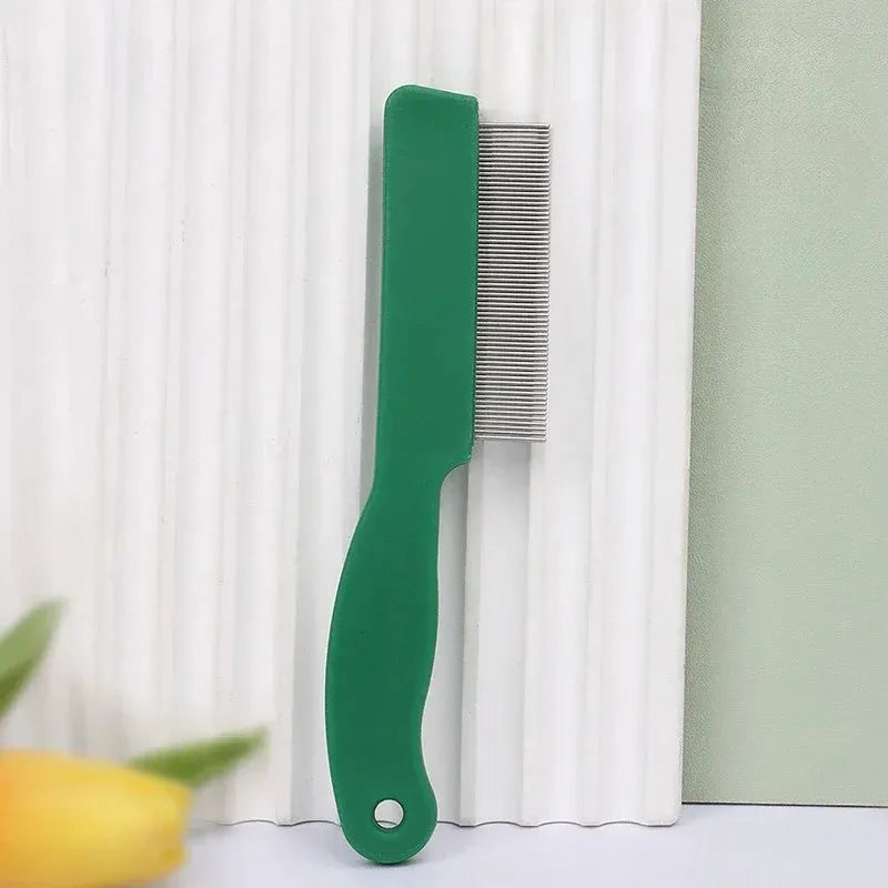 Green plastic handle flea comb with stainless steel pins for dog and cat grooming