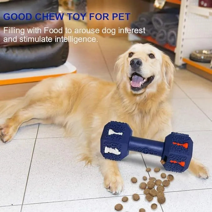 Durable dumbbell-shaped dog chew toy with hollow ends for treats in black or blue colour options