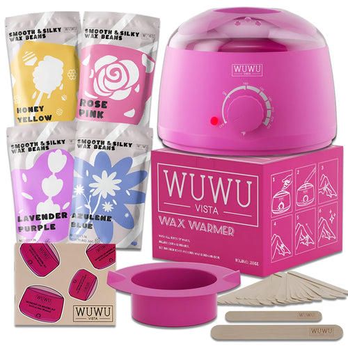 27-piece hair removal wax kit showing digital warmer, four coloured wax beads, wax sticks and guidebook
