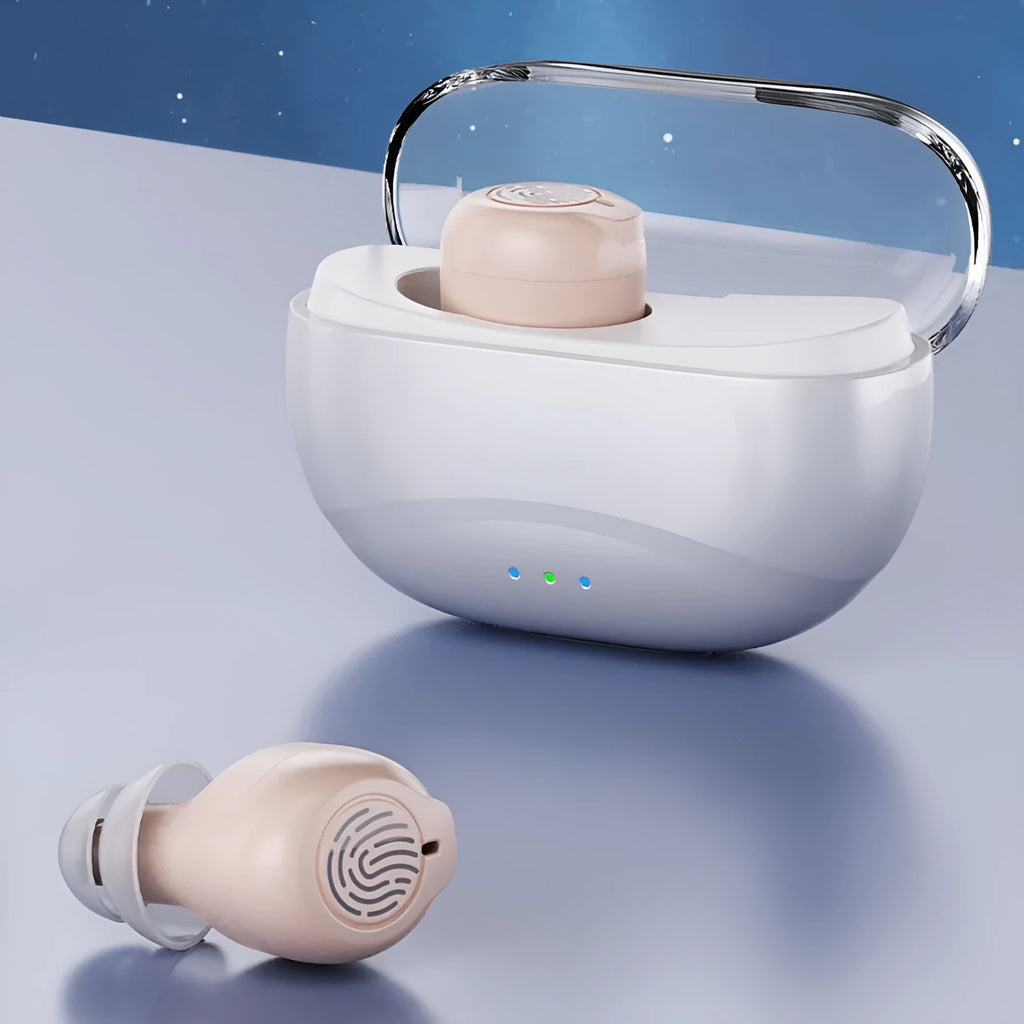 Intelligent noise reduction hearing aid for elderly with touch control and Type-C charging, available in black, white, blue, red, and skin colour