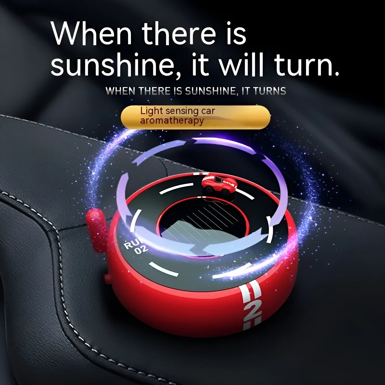 Round car aromatherapy decoration with solar panel in black, red or white colours