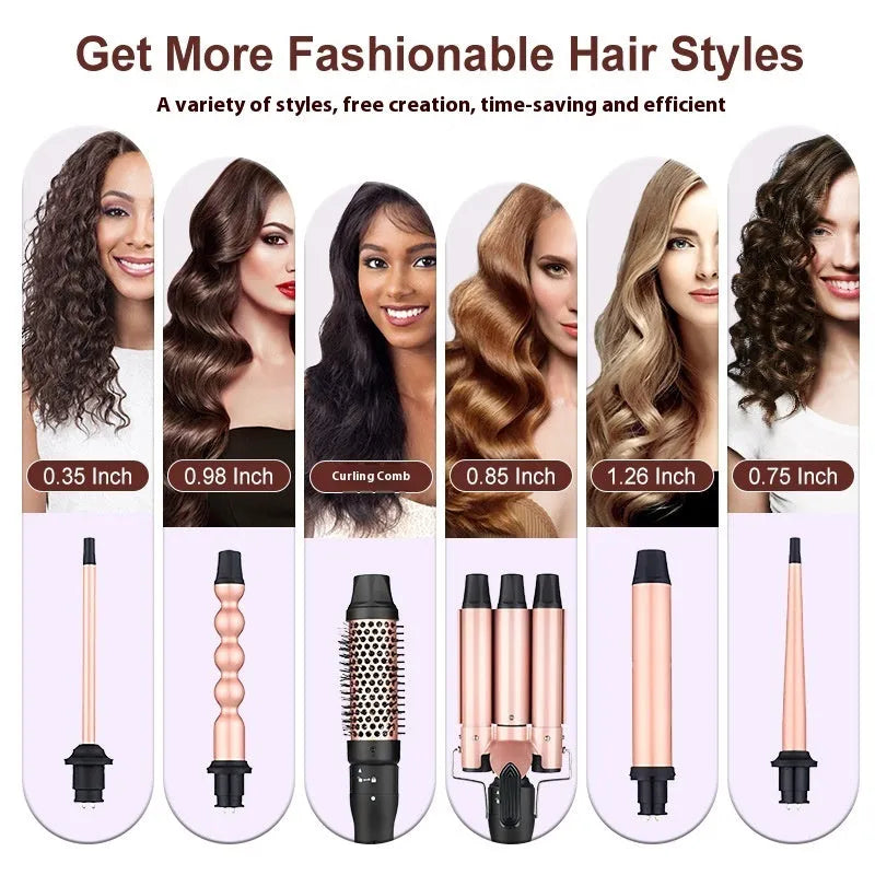 Three-tube water wave hair curler set with wired power connection for home styling